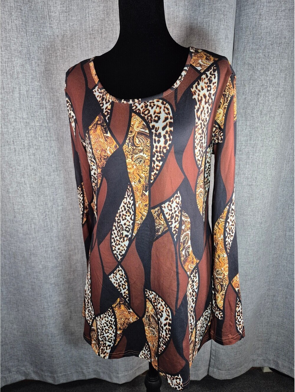 SHEIN Small Leopard Paisley Print Long Sleeve Tunic Top Brown Black